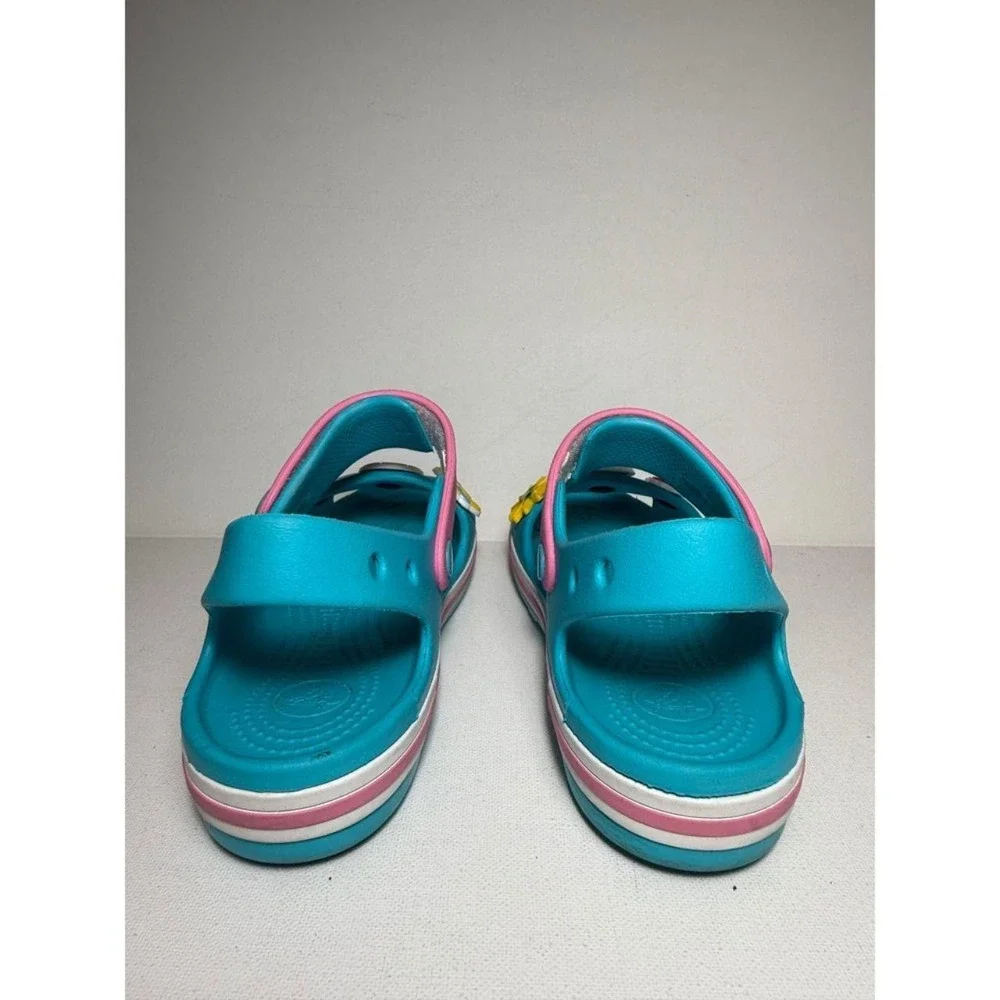 Girls Crocs Bayband Blue and Pink Sandals with Six Summer Jibbitz Sz J3 EUC